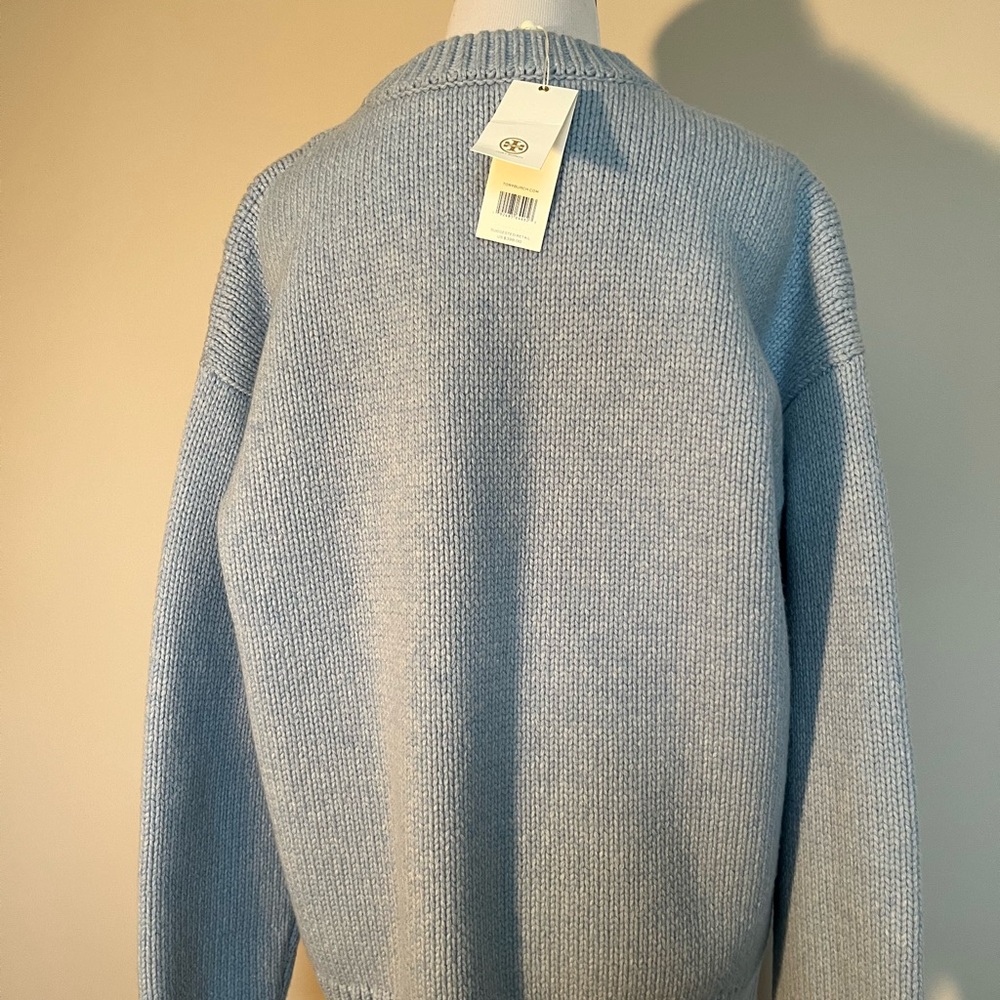NWT Tory Burch Oversized Crew Neck Wool Sweater Dove Blue Size Small - Picture 11 of 13